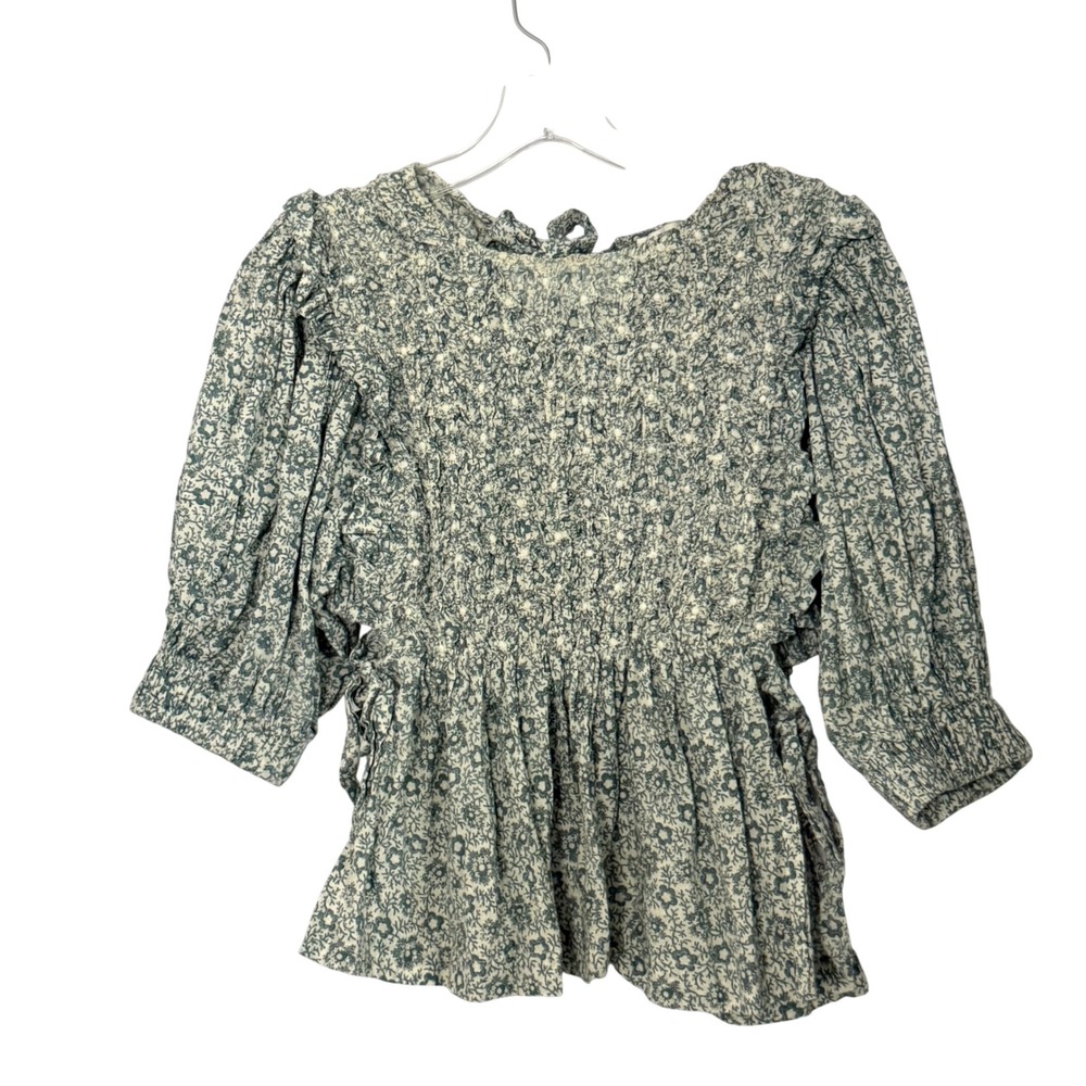 Sea New York Peplum Top Green Floral Smocked Puff Sleeve Tie Back - XSmall